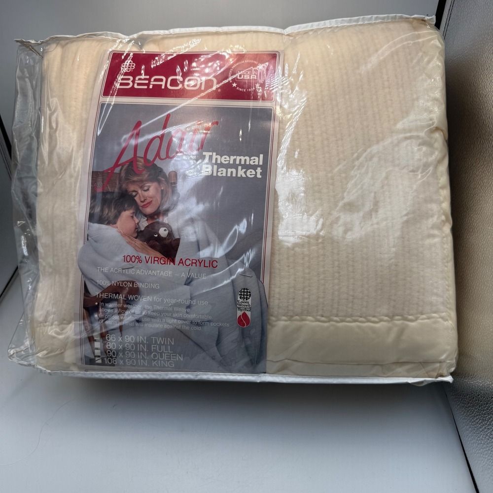 Vintage Beacon Adair Thermal Blanket Twin Cream Acrylic Satin Trim USA New